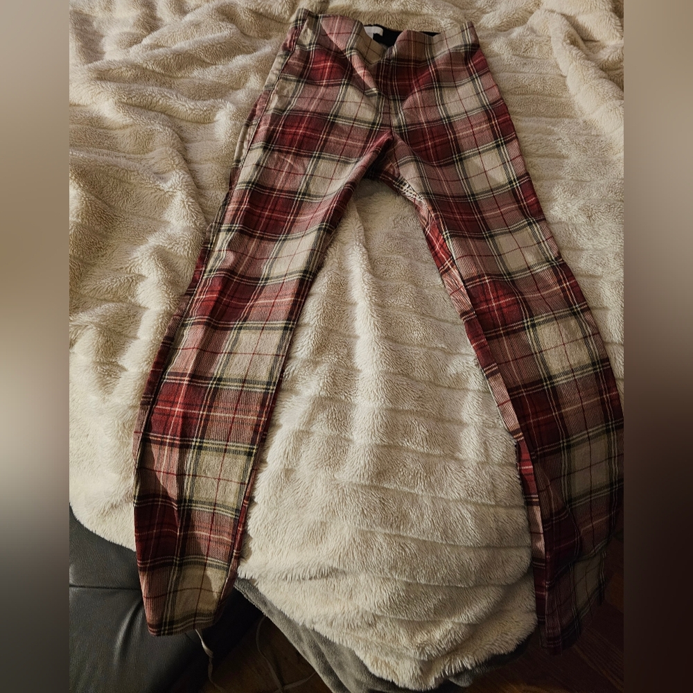 Plaid Womens Strsight Leg Pants in Red and Cream